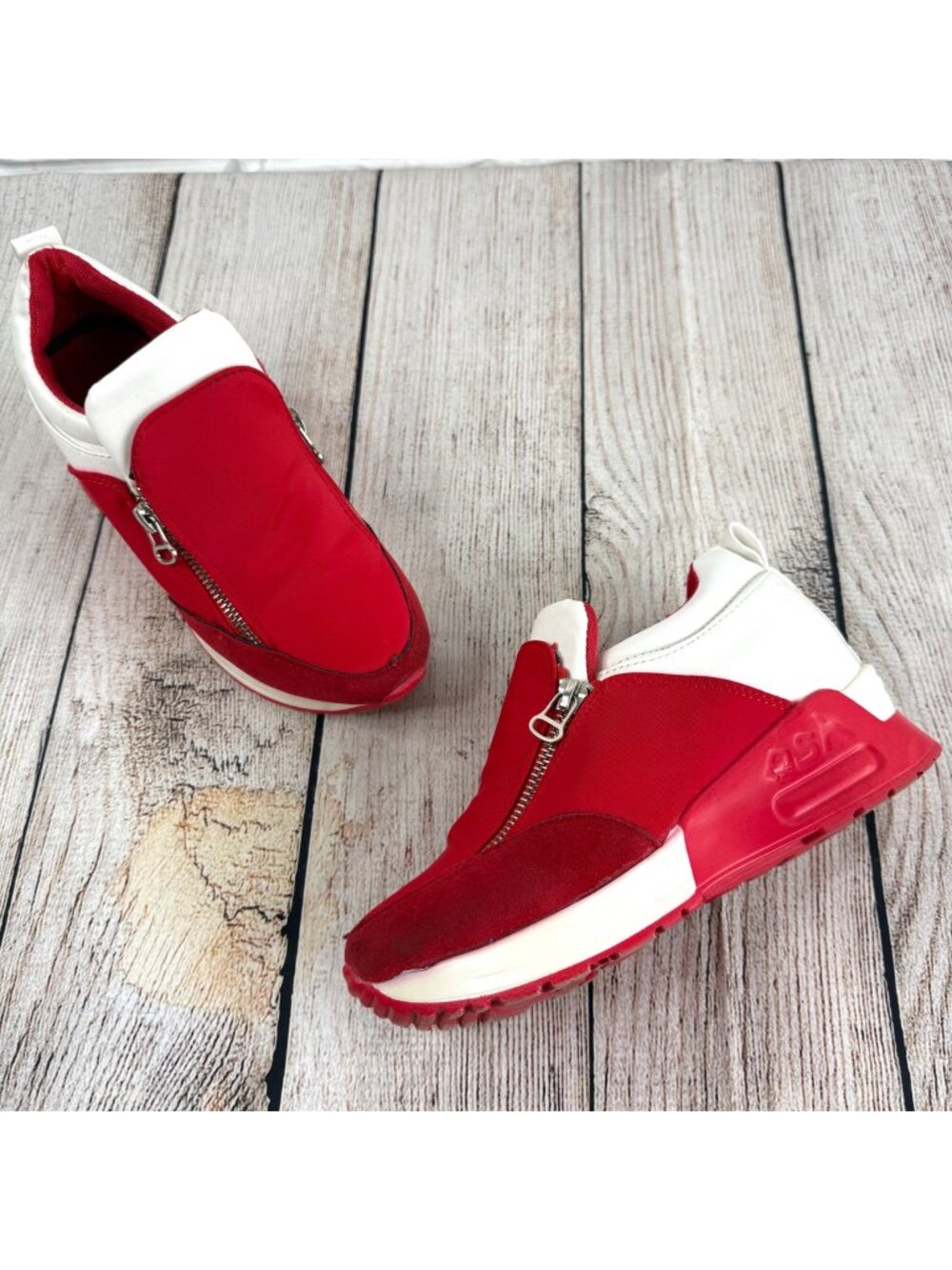 OSH Front Double Zipper Wedge Sneakers Red White Thick Platform Sole 35 US 6.5